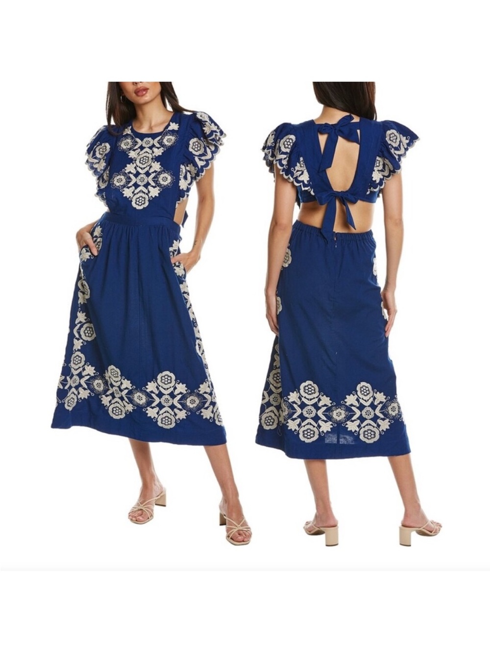 Sea New York Navy Blue Embroidered Backless Midi Dress